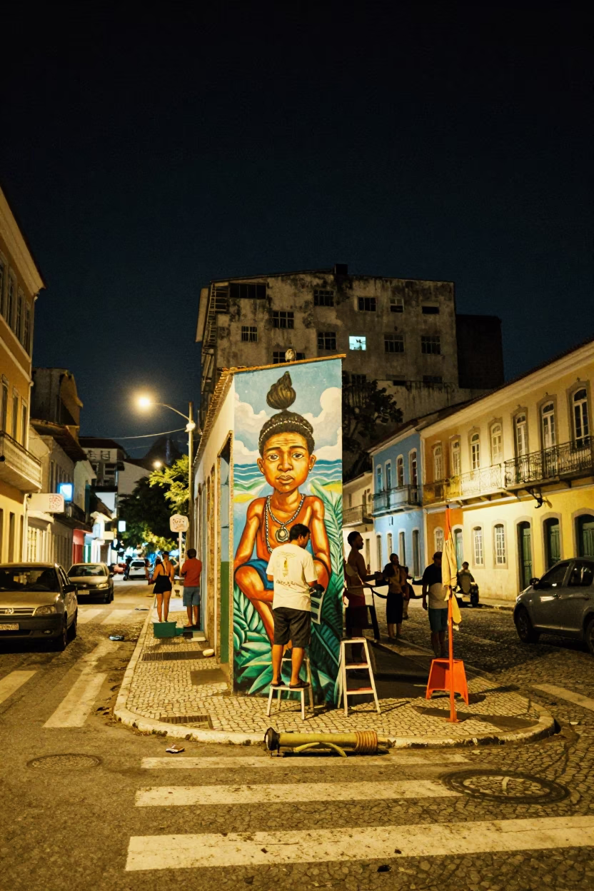 Nighttime Street Scene in Salvador Brazil with Murals and Urban Details in in Salvador, Brazil