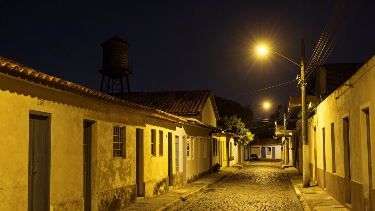 Nighttime Street Scene in Salvador Brazil with Rooftop Water Tower and Local Life in in Salvador, Brazil