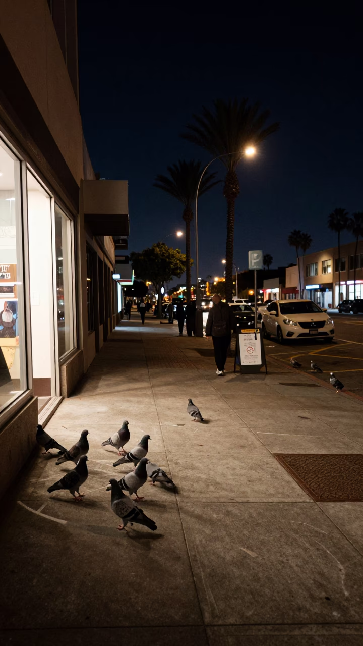 Nighttime Street Scene in San Diego California with Pigeons and Urban Details in in San Diego, California, United States