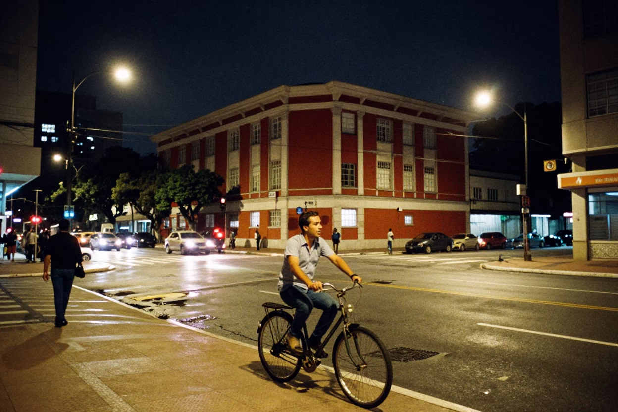 Nighttime Street Scene in São Paulo Brazil with Bicycle and Urban Elements in in São Paulo, Brazil