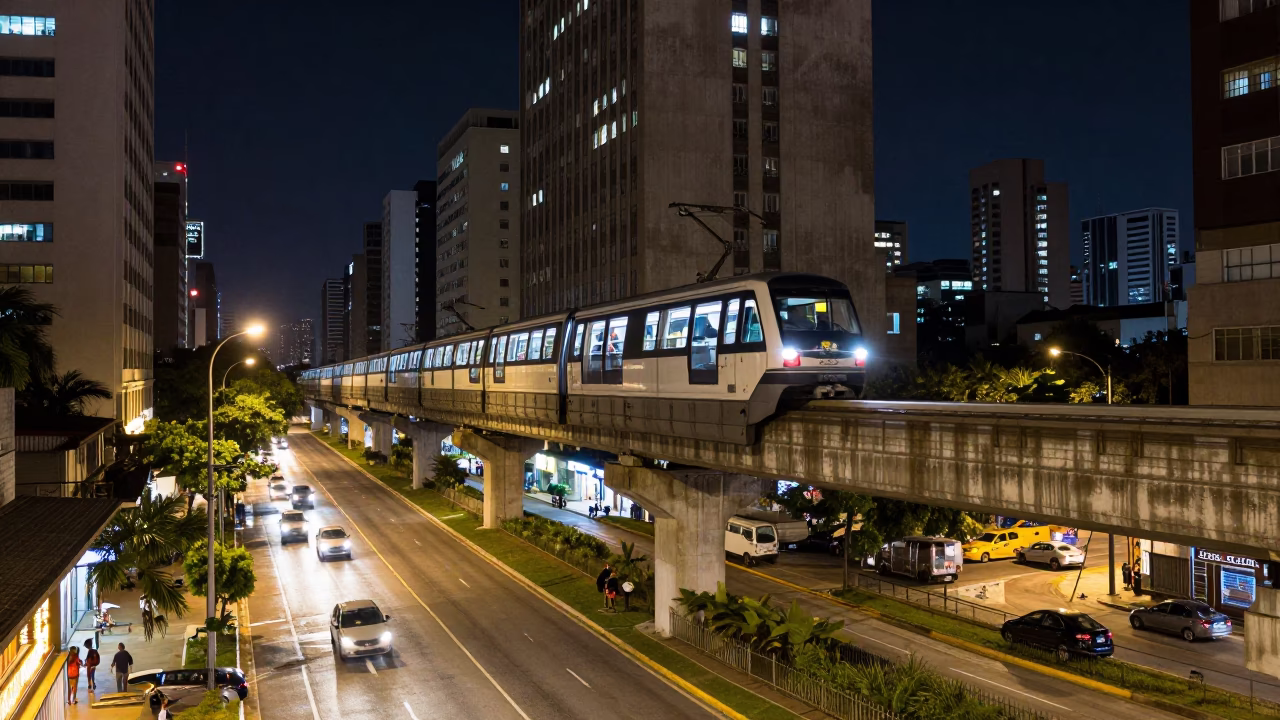 Nighttime Street Scene in São Paulo Brazil with Monorail and Urban Architecture in in São Paulo, Brazil
