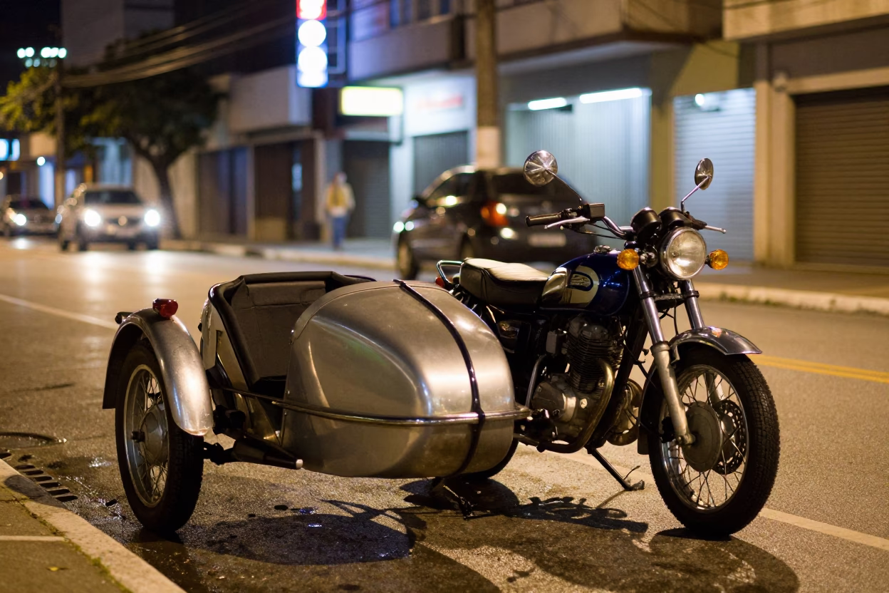 Nighttime Street Scene in São Paulo Brazil with Vintage Motorcycle and Sidecar in in São Paulo, Brazil
