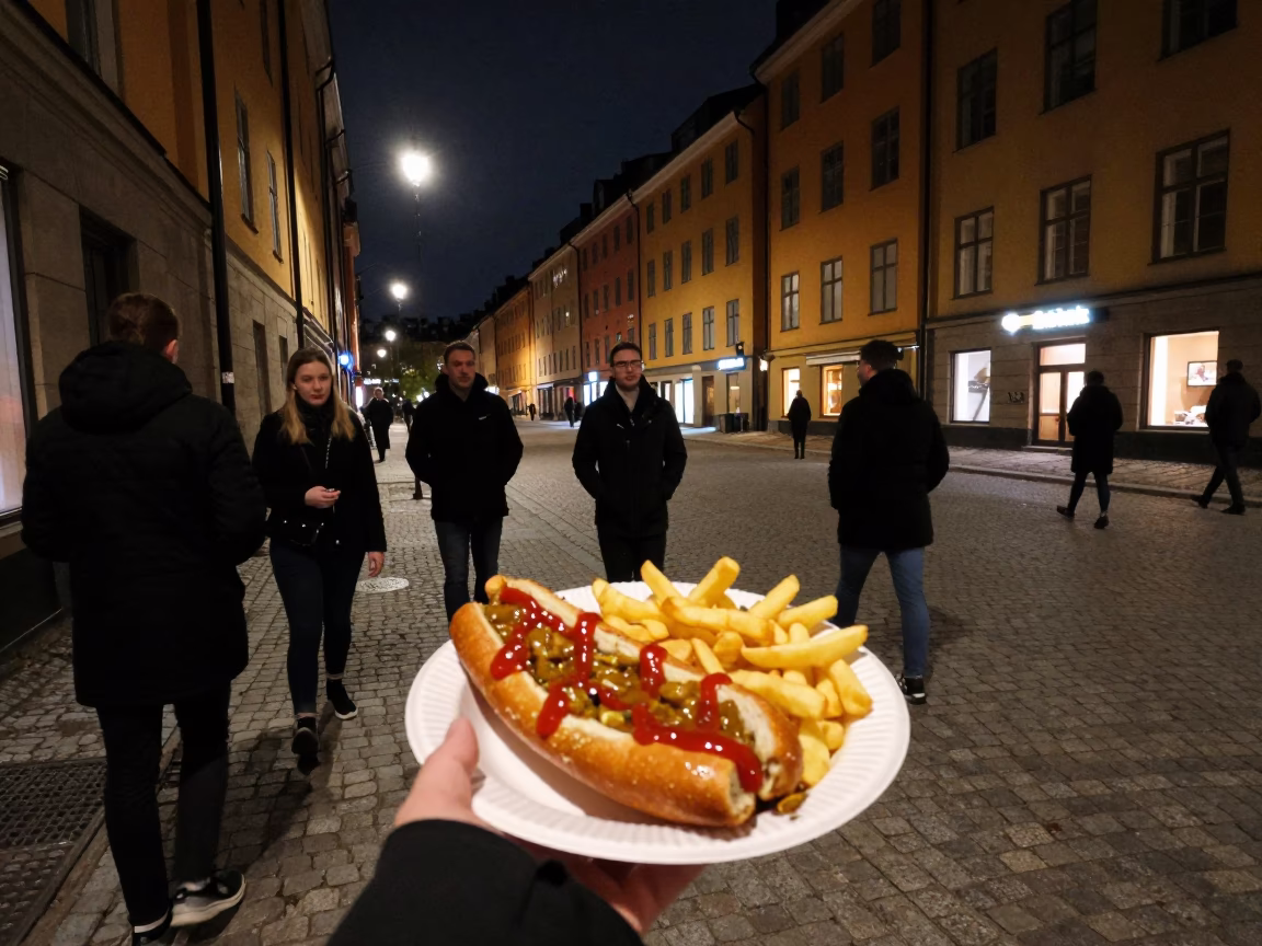 Nighttime Street Scene in Stockholm Sweden with Currywurst and Fries in in Stockholm, Sweden