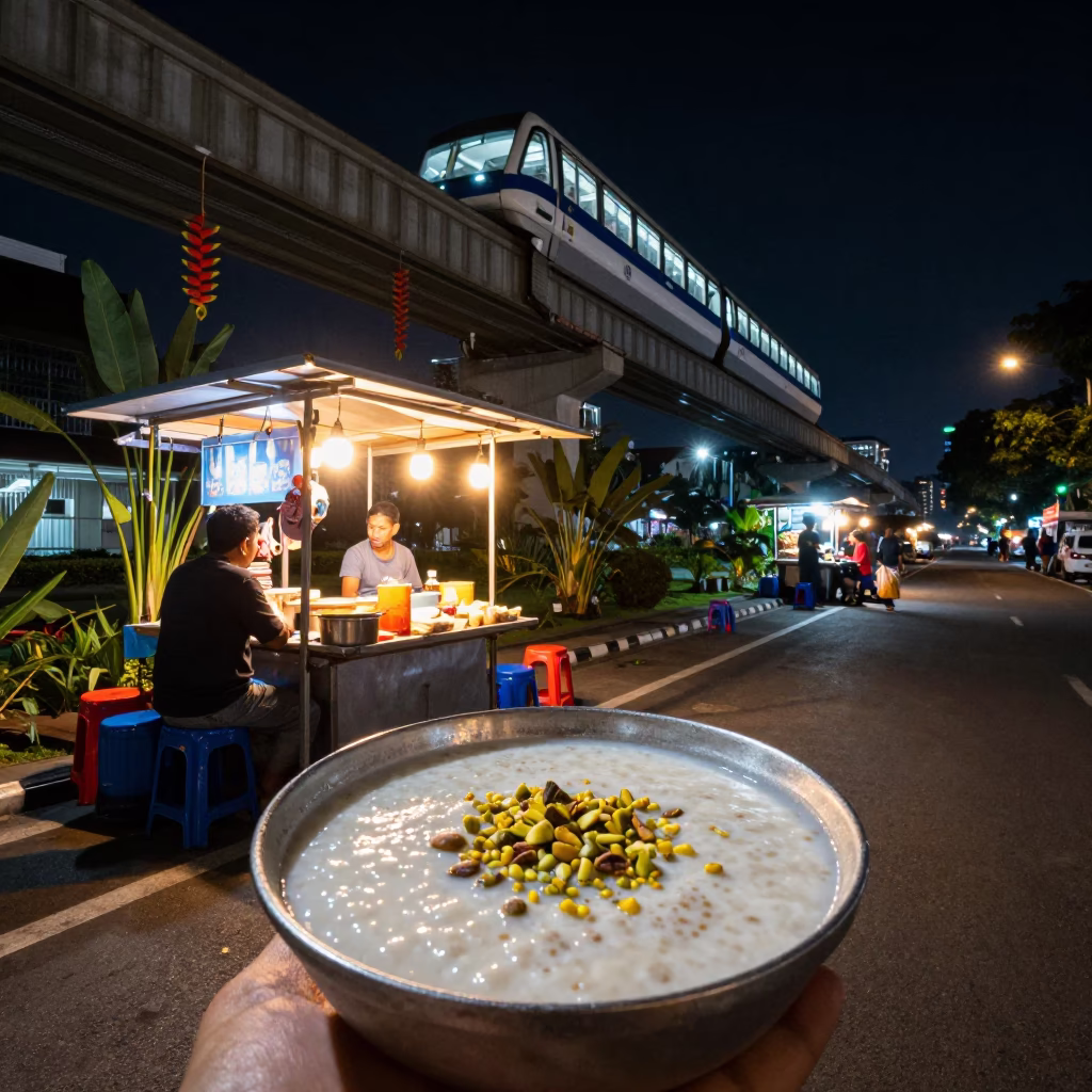 Nighttime Street Scene in Surabaya Indonesia with Heliconia Flowers and Monorail in in Surabaya, Indonesia