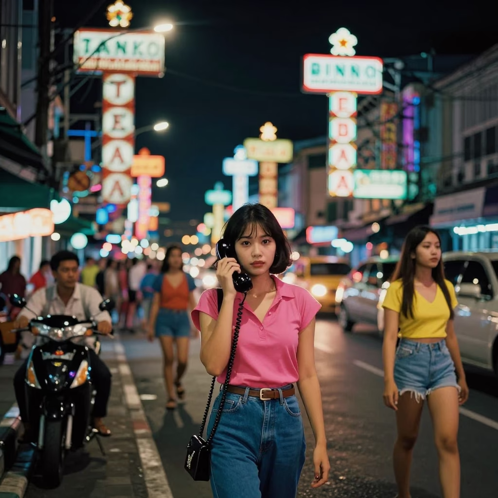 Nighttime Street Scene in Surabaya Indonesia with Vintage Telephone and Colorful Fashion in in Surabaya, Indonesia