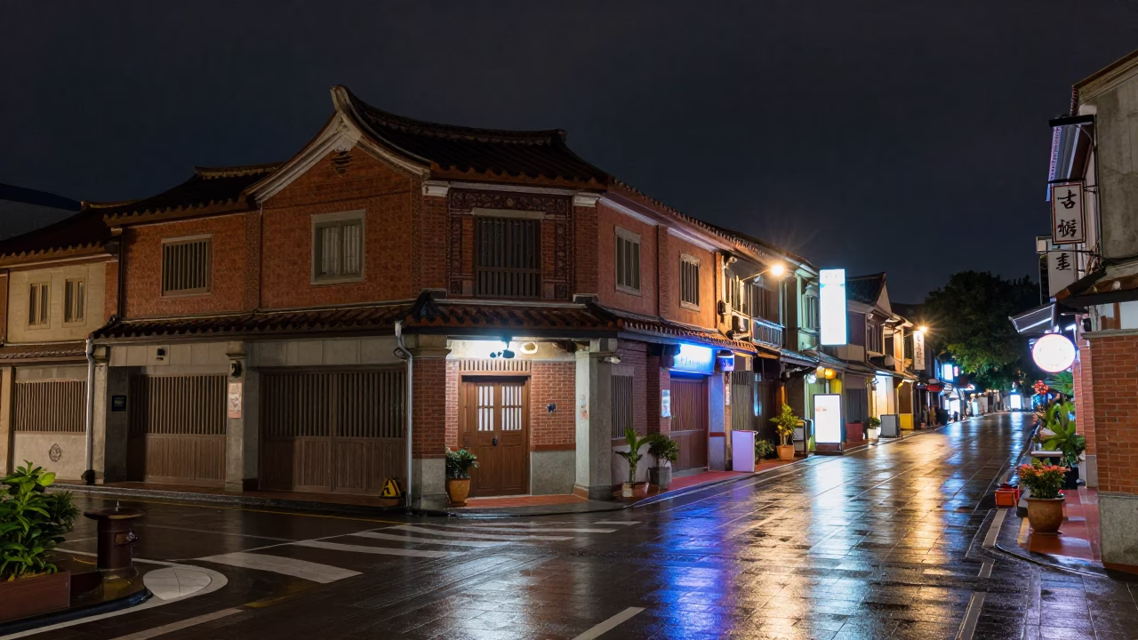 Nighttime Street Scene in Tainan Taiwan with Traditional Architecture and Neon Lights in in Tainan, Taiwan