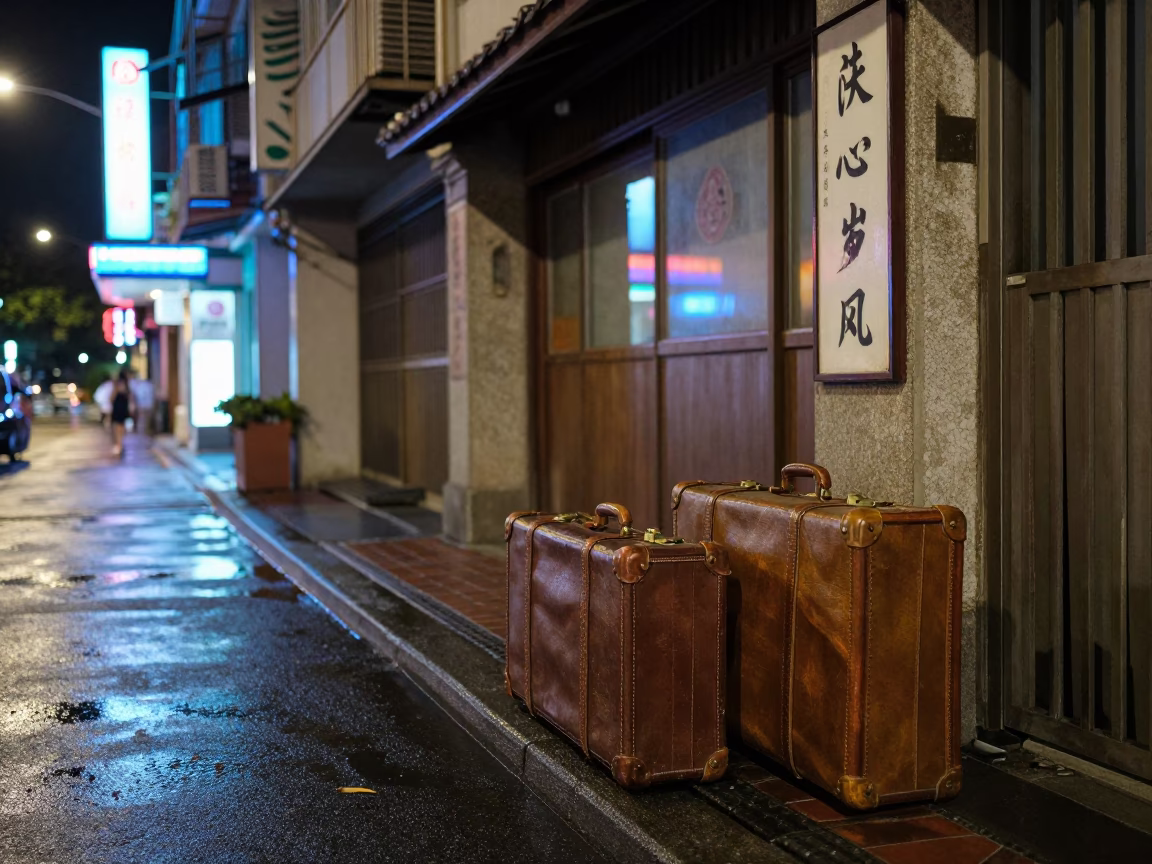 Nighttime Street Scene in Tainan Taiwan with Vintage Suitcases and Brass Hardware in in Tainan, Taiwan