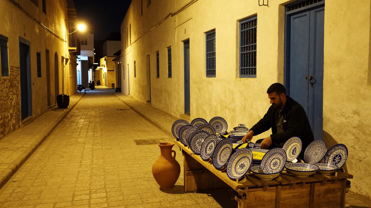 Nighttime Street Scene in Tunis Medina With Clay Pot and Majolica Plates in in Tunis, Tunisia