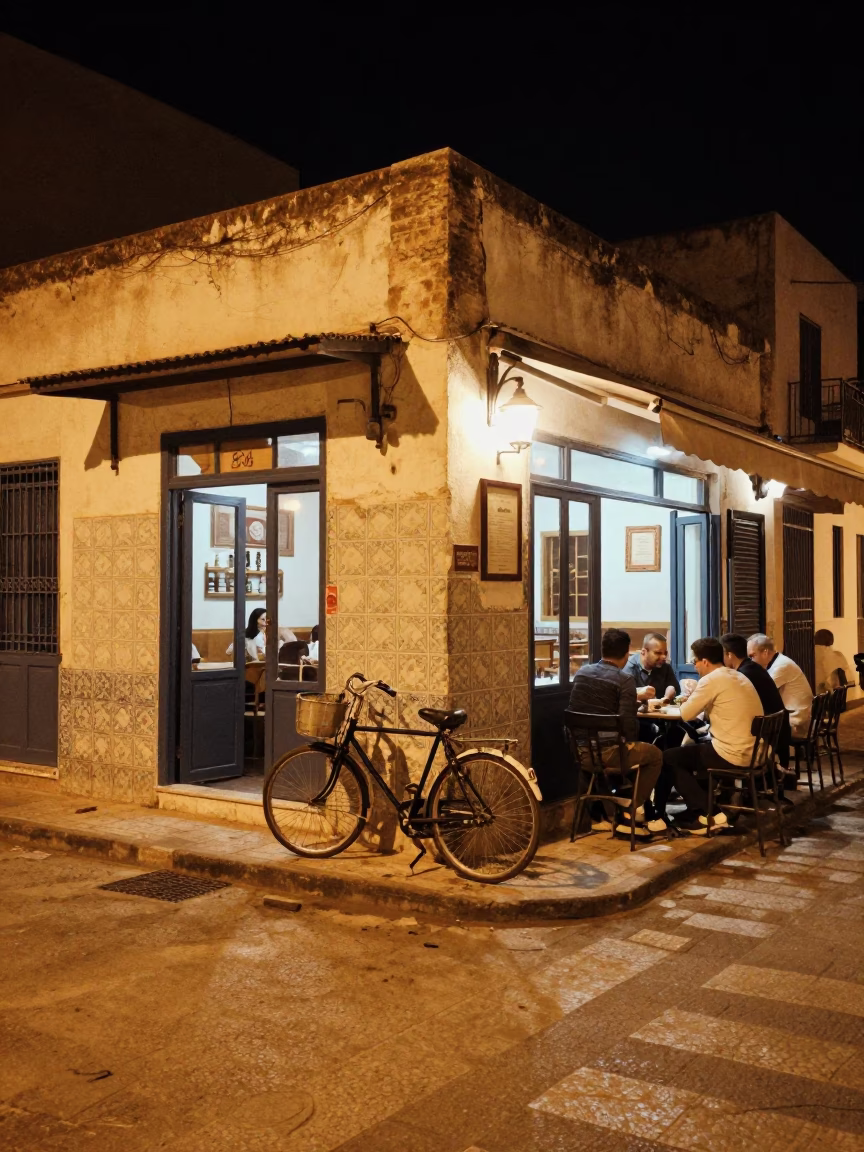Nighttime Street Scene in Tunis Tunisia with Bicycle and Cafe in in Tunis, Tunisia