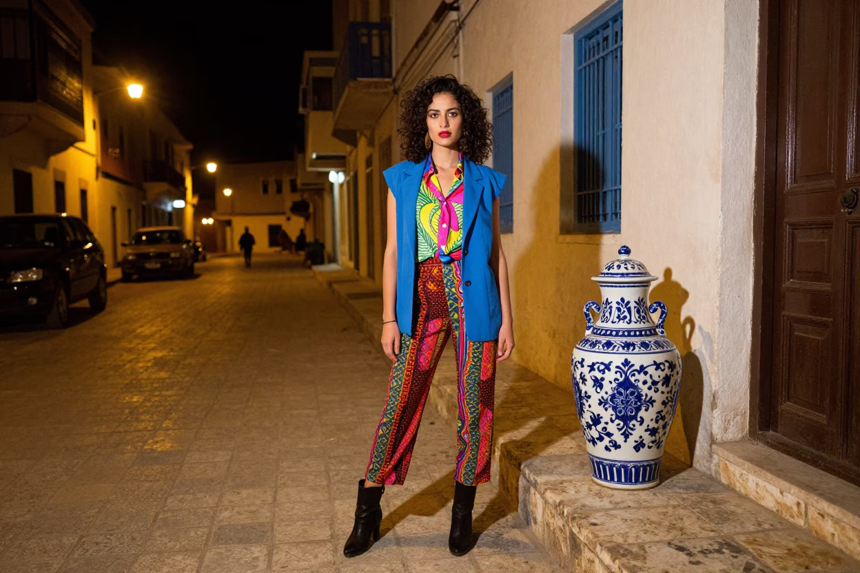 Nighttime Street Scene in Tunis Tunisia with Colorful 90s Fashion and Local Details in in Tunis, Tunisia