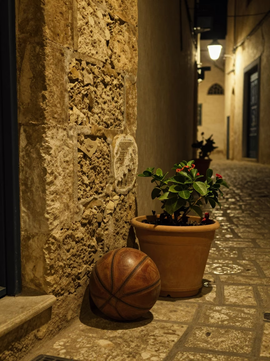 Nighttime Street Scene in Tunis Tunisia with Flowerpot and Old Leather Basketball in in Tunis, Tunisia