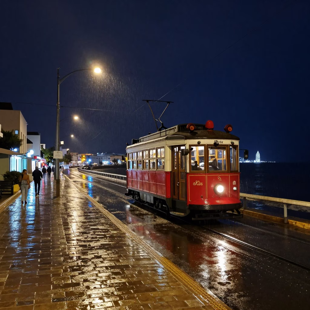 Nighttime Street Scene in Tunis Tunisia with Heritage Tram and Rain Reflections in in Tunis, Tunisia