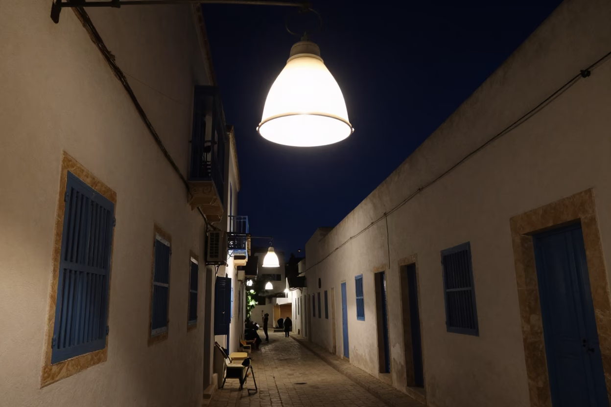 Nighttime Street Scene in Tunis Tunisia with Lampshade and Urban Life in in Tunis, Tunisia
