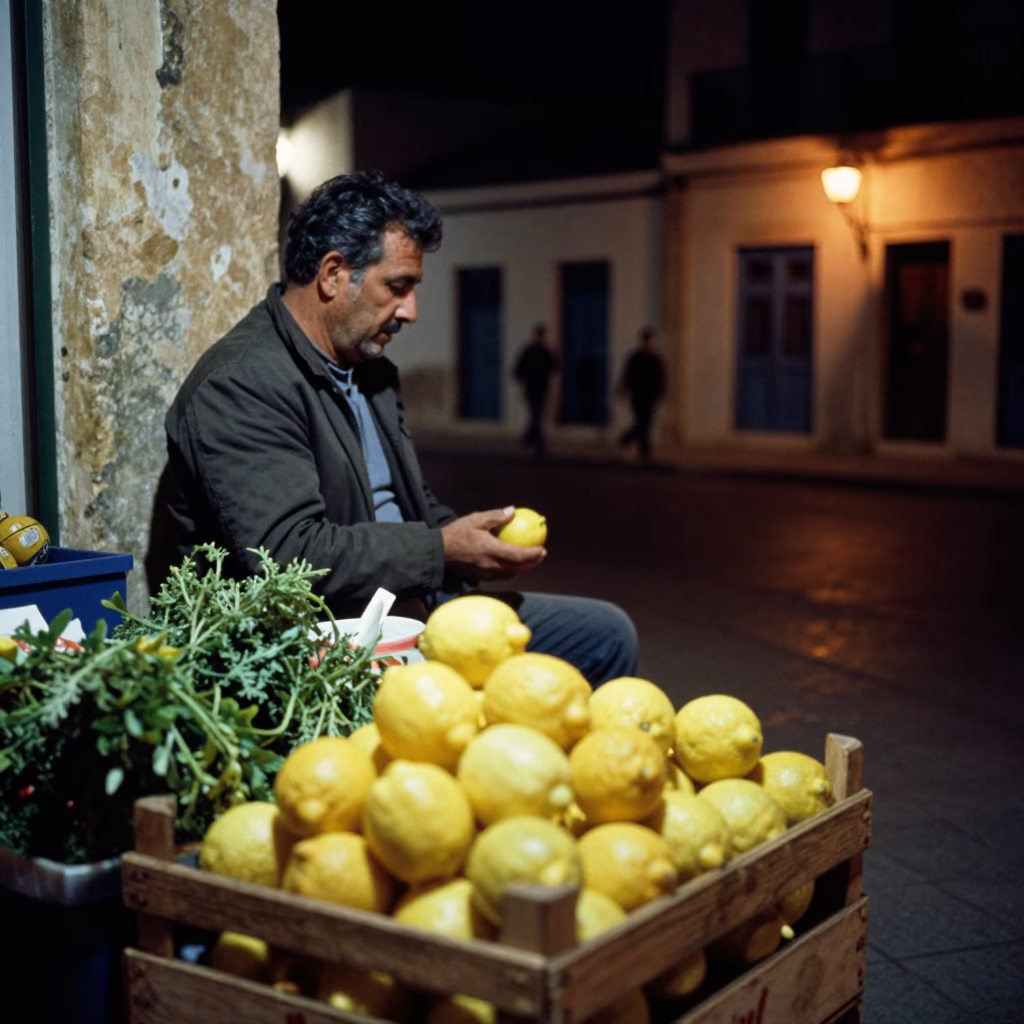 Nighttime Street Scene in Tunis Tunisia with Lemons and Herb Vendor in in Tunis, Tunisia