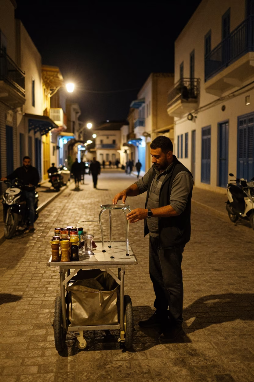 Nighttime Street Scene in Tunis Tunisia with Local Vendor and Glass Stool in in Tunis, Tunisia
