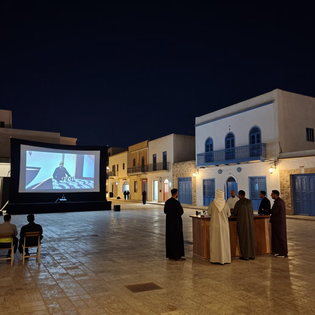 Nighttime Street Scene in Tunis Tunisia with Outdoor Cinema and Traditional Decor in in Tunis, Tunisia