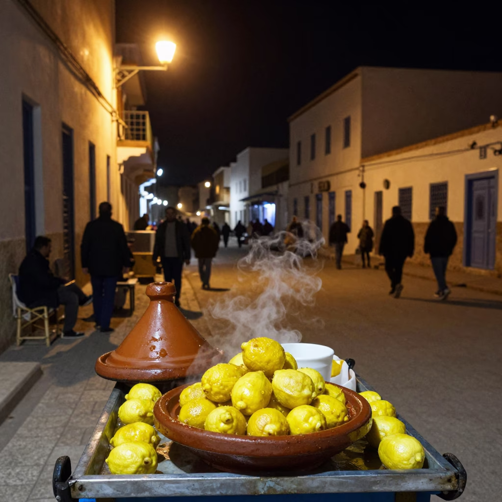 Nighttime Street Scene in Tunis Tunisia with Tagine and Preserved Lemons in in Tunis, Tunisia