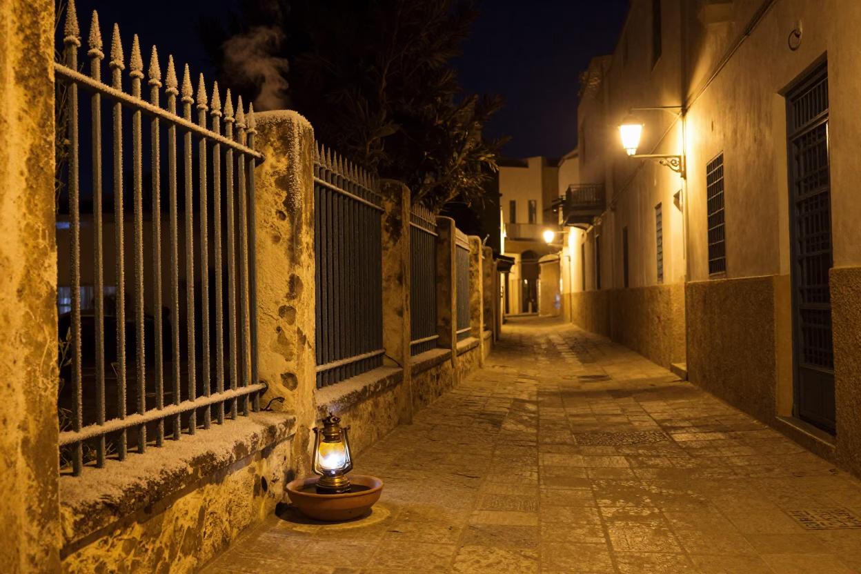 Nighttime Street Scene in Tunis Tunisia with Terracotta Bowl and Oil Lamp in in Tunis, Tunisia