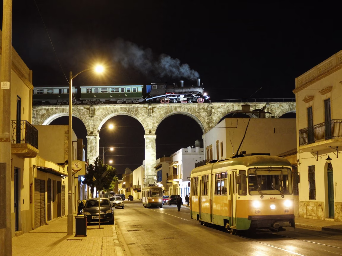 Nighttime Street Scene in Tunis Tunisia with Tram and Viaduct in in Tunis, Tunisia