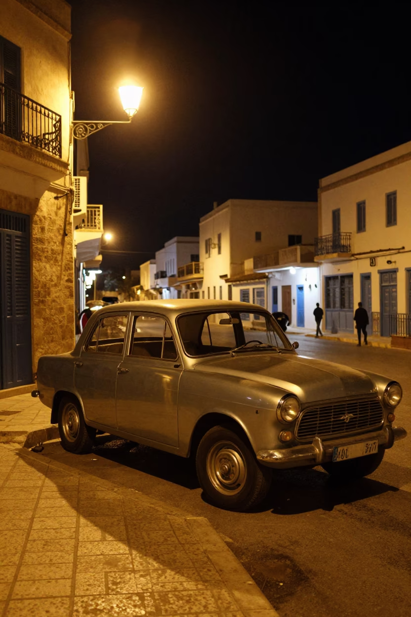 Nighttime Street Scene in Tunis Tunisia with Vintage Car and Local Life in in Tunis, Tunisia