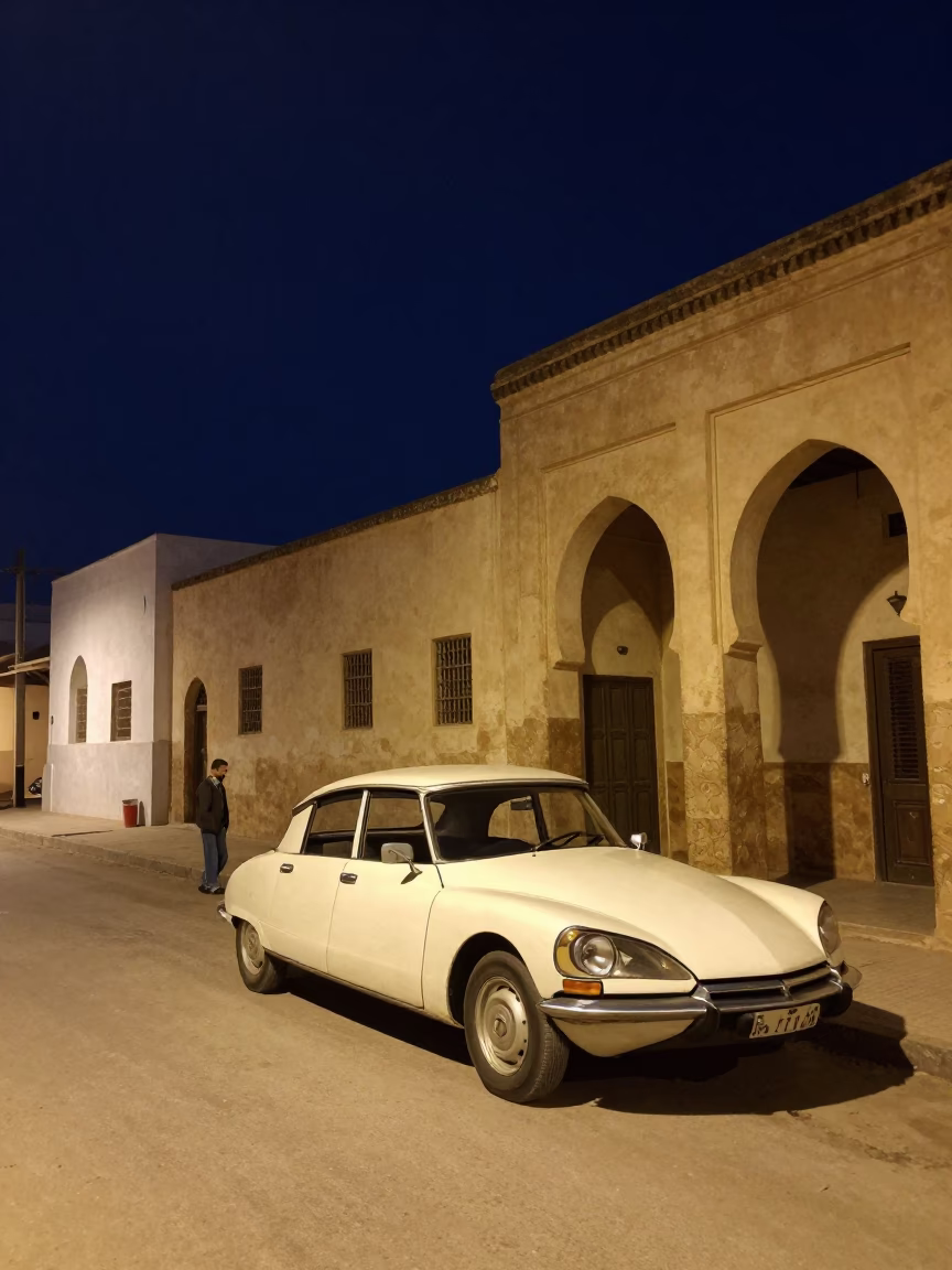 Nighttime Street Scene in Tunis Tunisia with Vintage Car and Traditional Lanterns in in Tunis, Tunisia