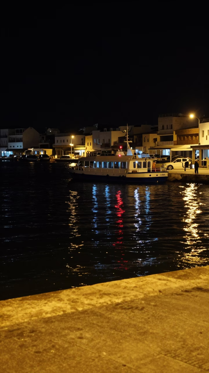 Nighttime Street Scene in Tunis Tunisia with Water Taxi and Floating Dock in in Tunis, Tunisia