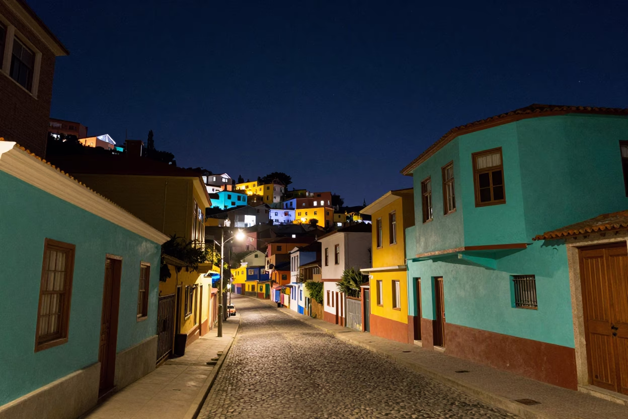 Nighttime Street Scene in Valparaiso Chile with Colorful Architecture and Local Life in in Valparaiso, Chile