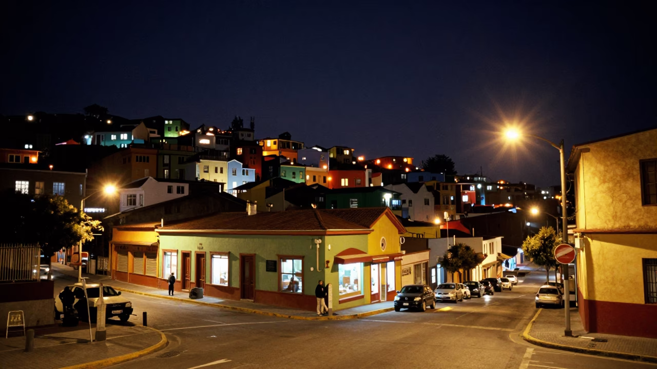 Nighttime Street Scene in Valparaiso Chile with Colorful Hillside Architecture and Local Life in in Valparaiso, Chile