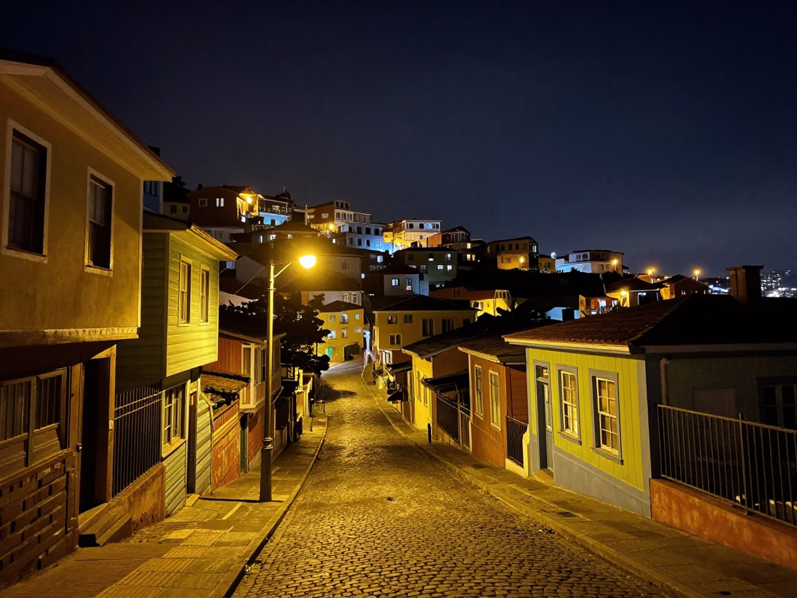 Nighttime street scene in Valparaiso Chile with colorful hillside houses and busy local activity in in Valparaiso, Chile