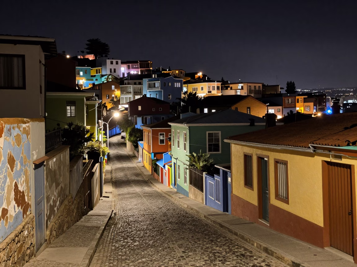 Nighttime street scene in Valparaiso Chile with colorful hillside houses and parked vehicles in in Valparaiso, Chile