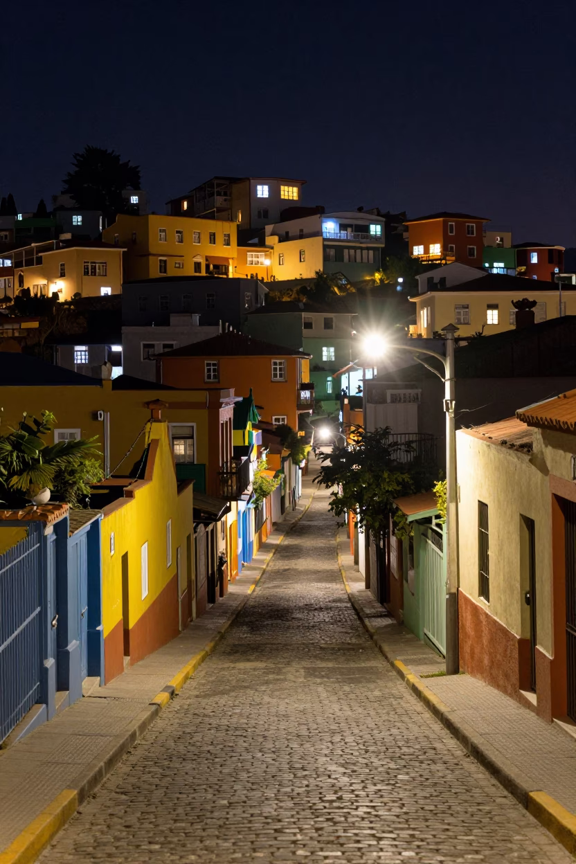 Nighttime Street Scene in Valparaiso Chile with Colorful Walls and Street Vendor in in Valparaiso, Chile