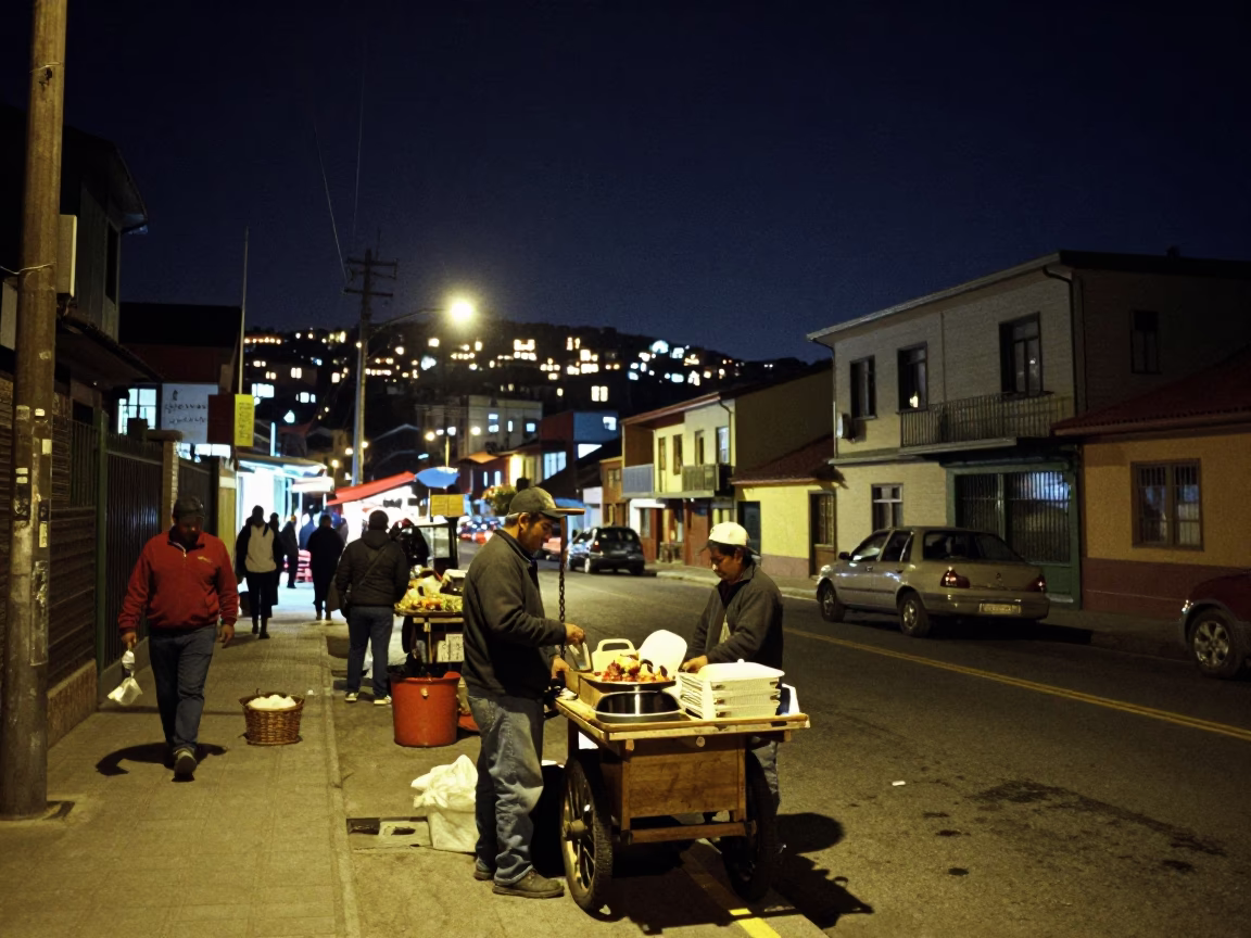 Nighttime Street Scene in Valparaiso Chile with Local Market Activity in in Valparaiso, Chile