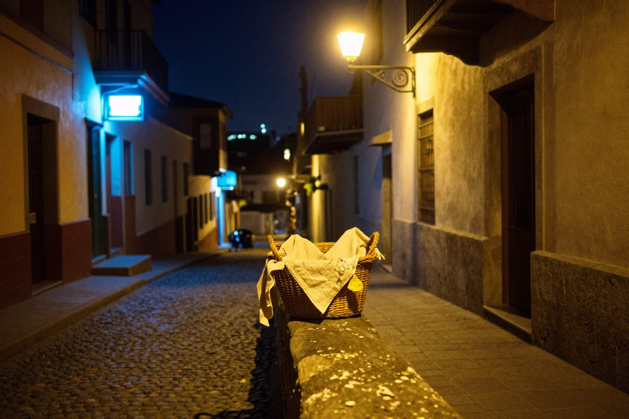 Nighttime Street Scene in Valparaiso Chile with Mending Basket and Linen in in Valparaiso, Chile