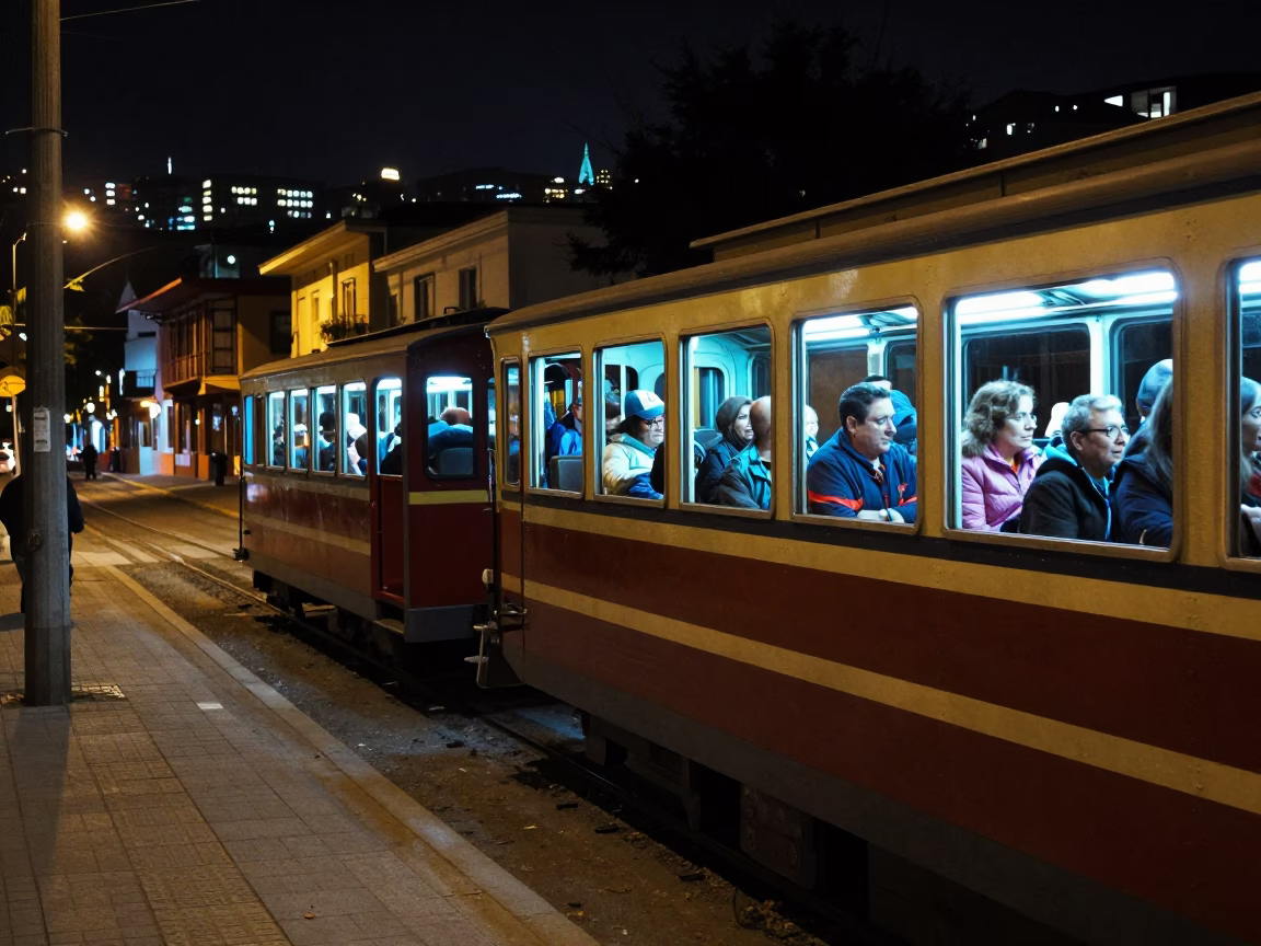 Nighttime Street Scene in Valparaiso Chile with Narrow Gauge Train and Local Interaction in in Valparaiso, Chile