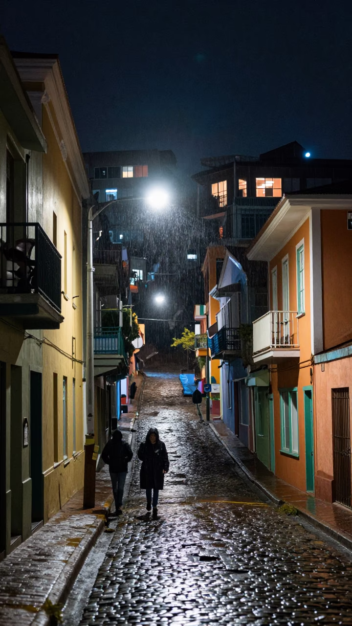 Nighttime Street Scene in Valparaiso Chile with Raincoats and Urban Architecture in in Valparaiso, Chile