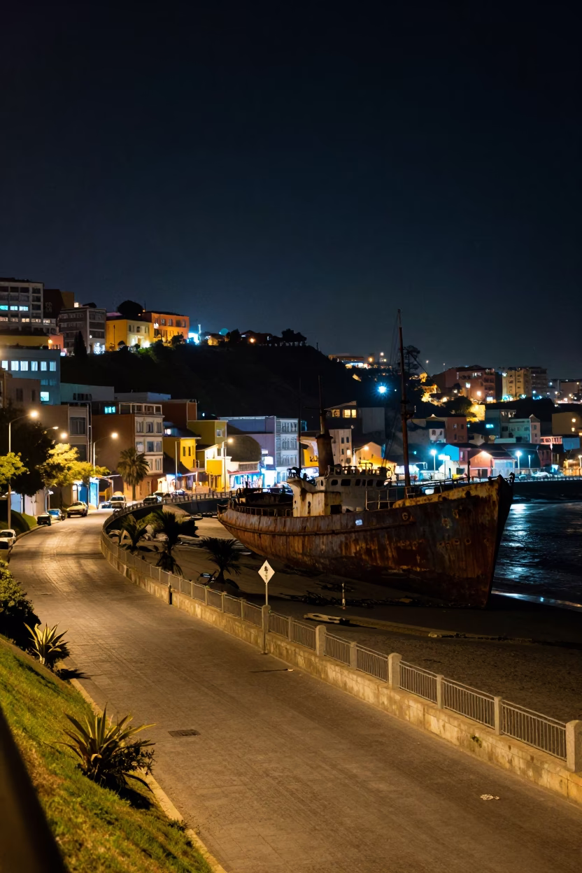 Nighttime Street Scene in Valparaiso Chile with Rusting Ship and Urban Decay in in Valparaiso, Chile
