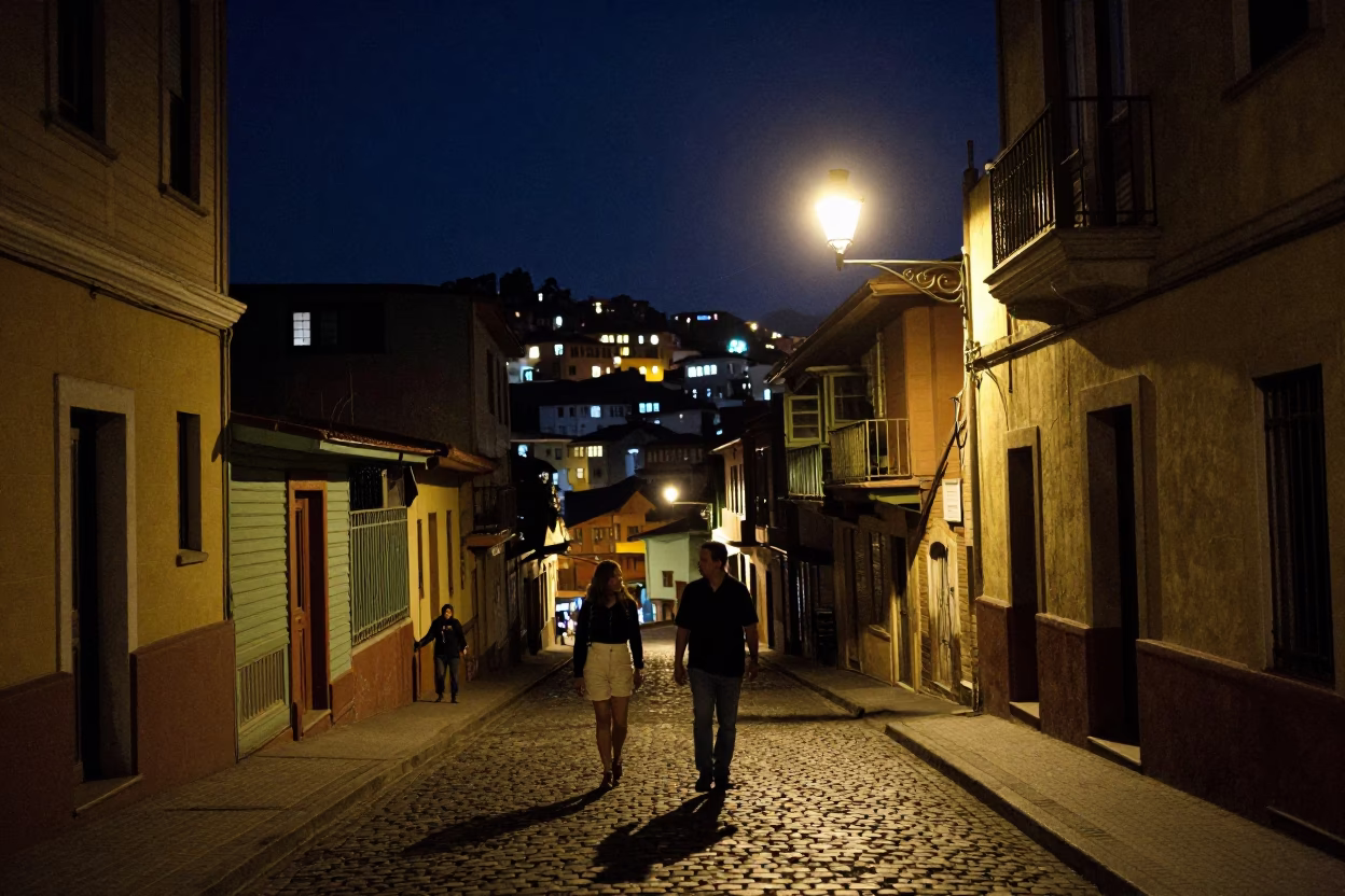 Nighttime Street Scene in Valparaiso Chile with Vintage 1950s Charm and Local Life in in Valparaiso, Chile