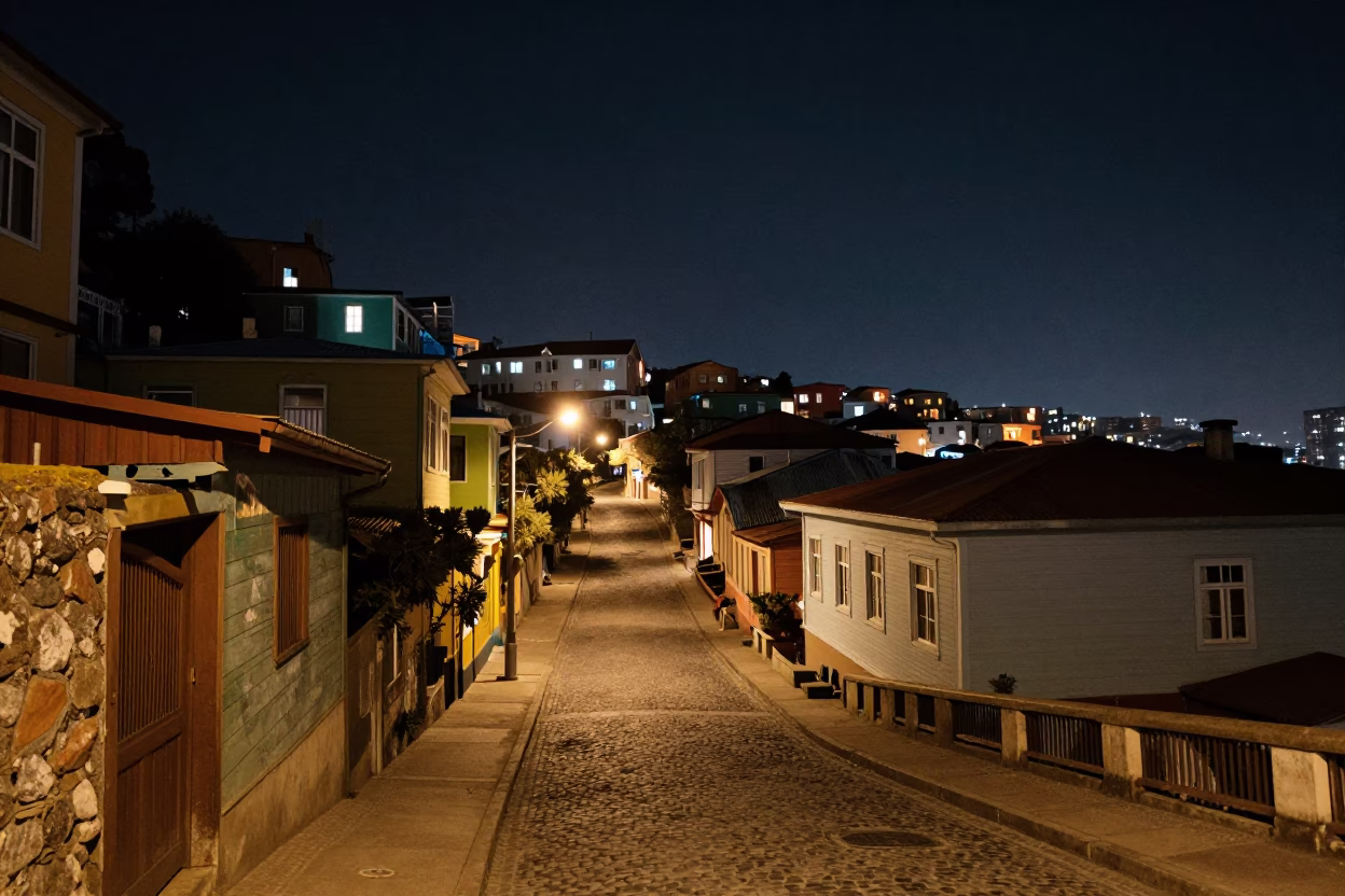 Nighttime Street Scene in Valparaiso Chile with Vintage 1970s Aesthetic and Local Street Food in in Valparaiso, Chile