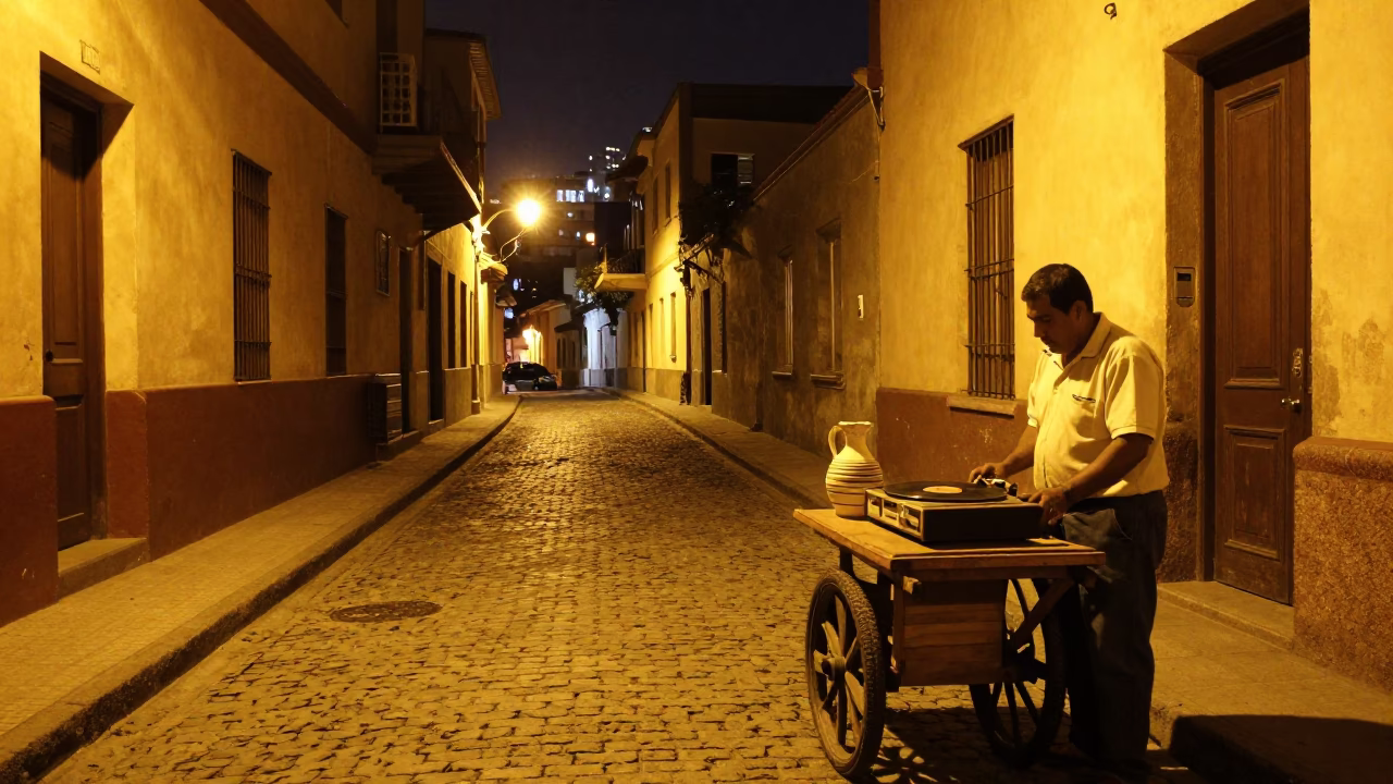 Nighttime Street Scene in Valparaiso Chile with Vintage Record Player and Ceramic Pitcher in in Valparaiso, Chile