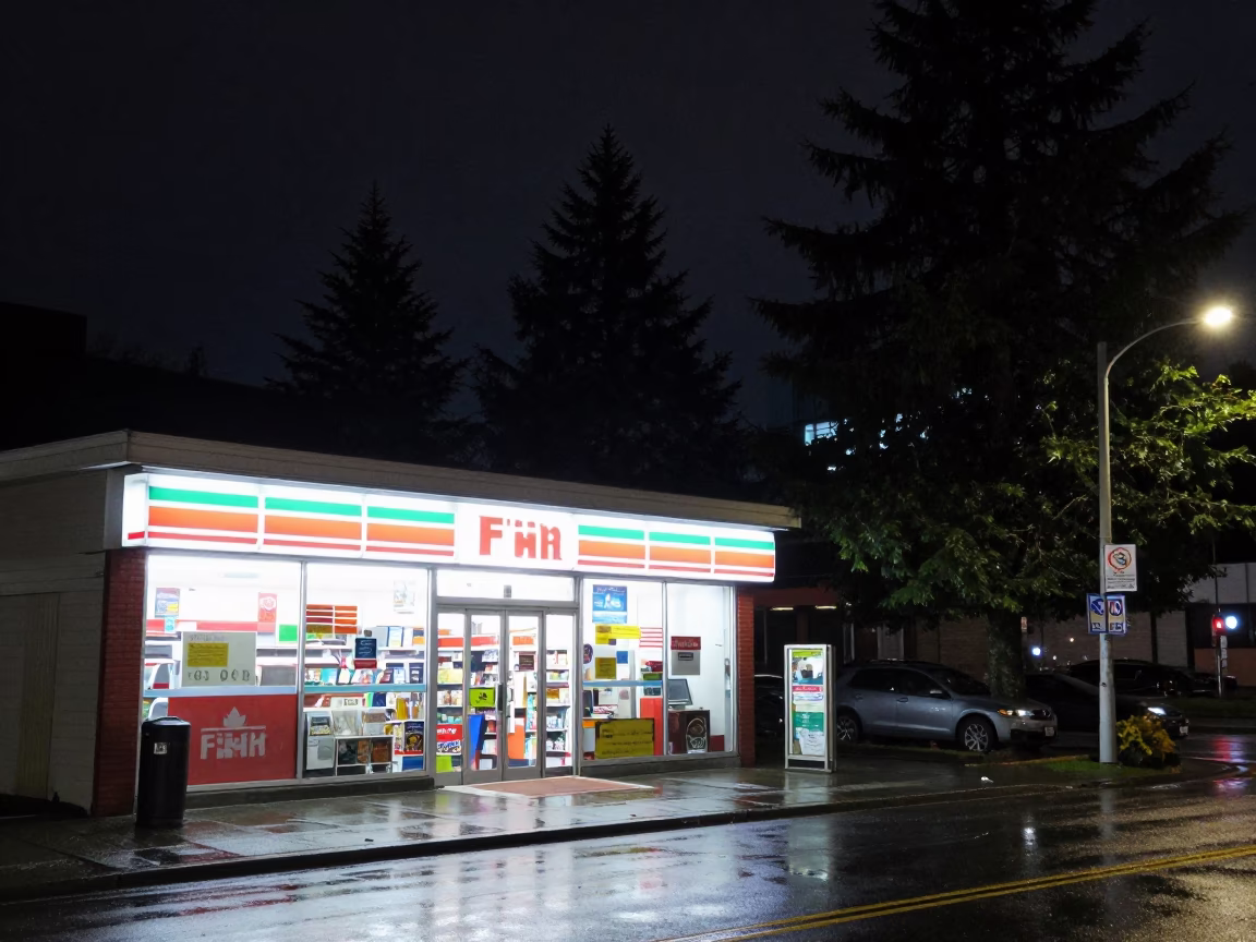 Nighttime street scene in Vancouver with glowing convenience store and urban details in in Vancouver, British Columbia, Canada