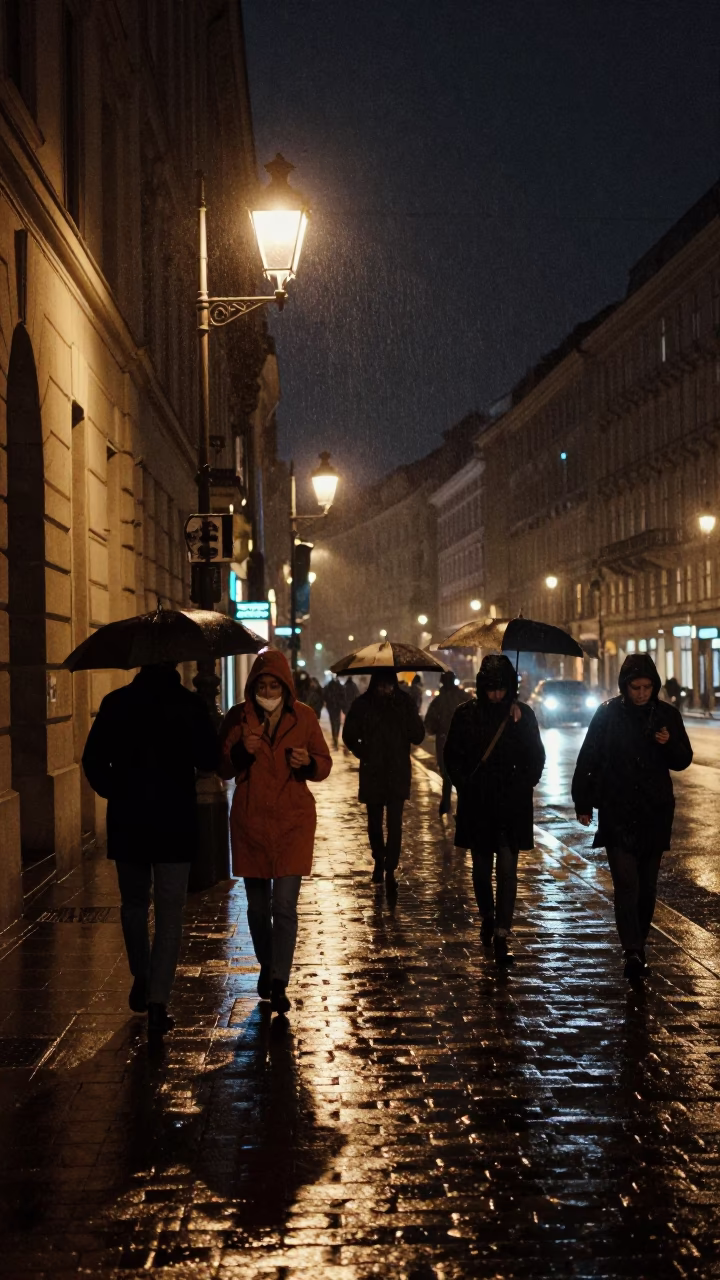 Nighttime Street Scene in Vienna Austria with Raincoats and Urban Lighting in in Vienna, Austria