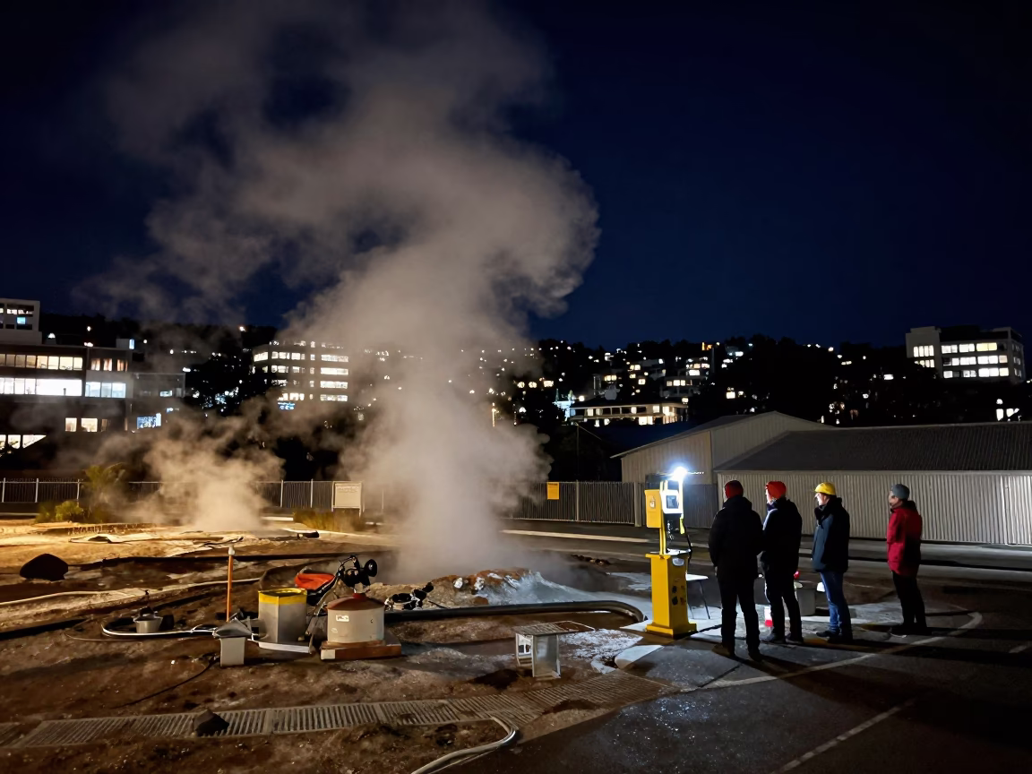 Nighttime Street Scene in Wellington New Zealand with Steam Vents and Urban Infrastructure in in Wellington, New Zealand