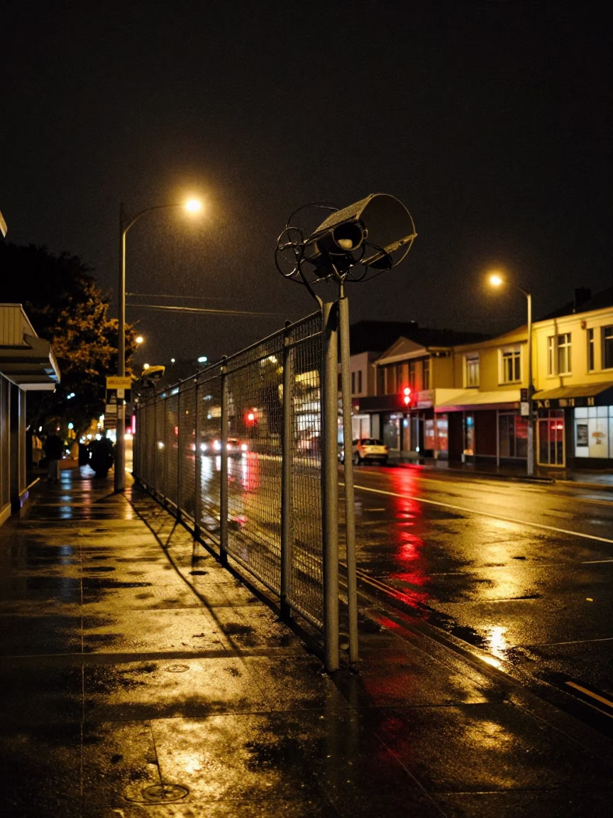 Nighttime Street Scene in Wellington New Zealand With Substation Fence and Dew in in Wellington, New Zealand