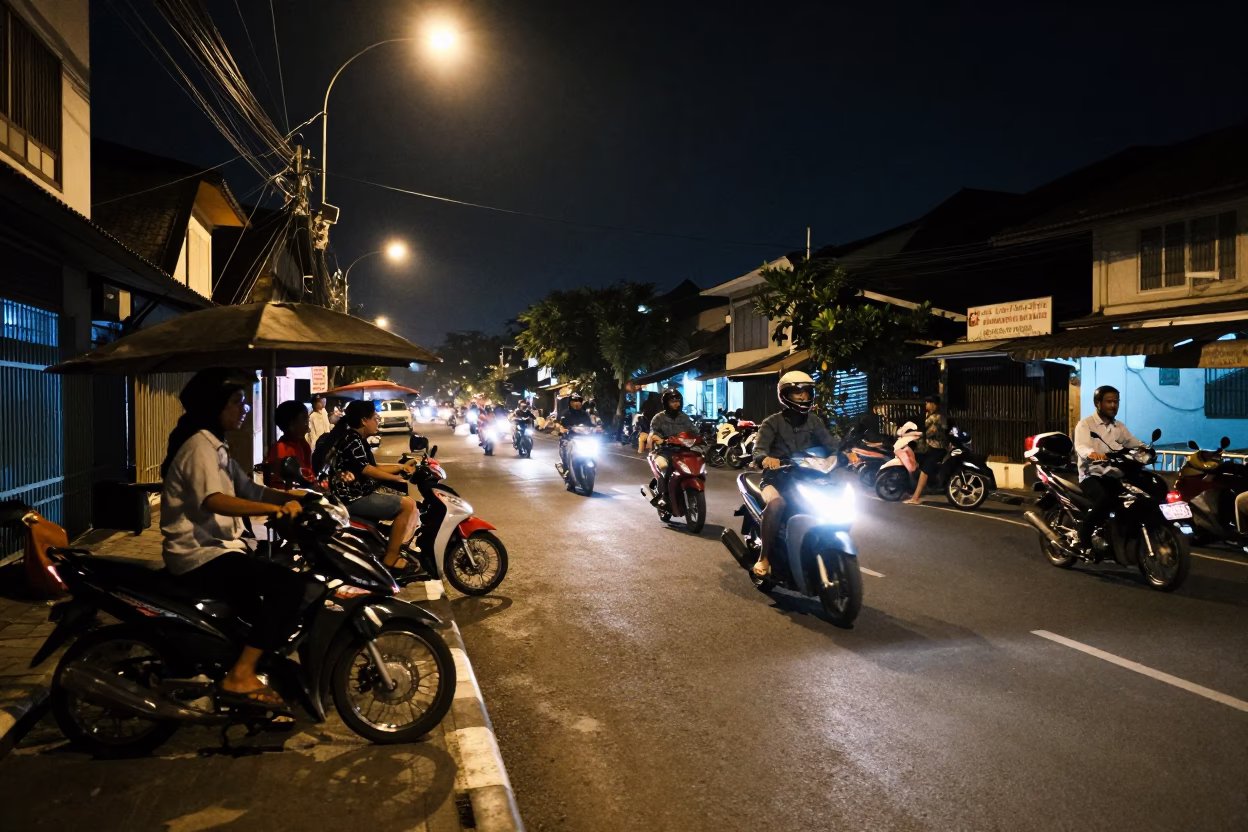 Nighttime Street Scene in Yogyakarta Indonesia with Local Vendor and Motorbikes in in Yogyakarta, Indonesia