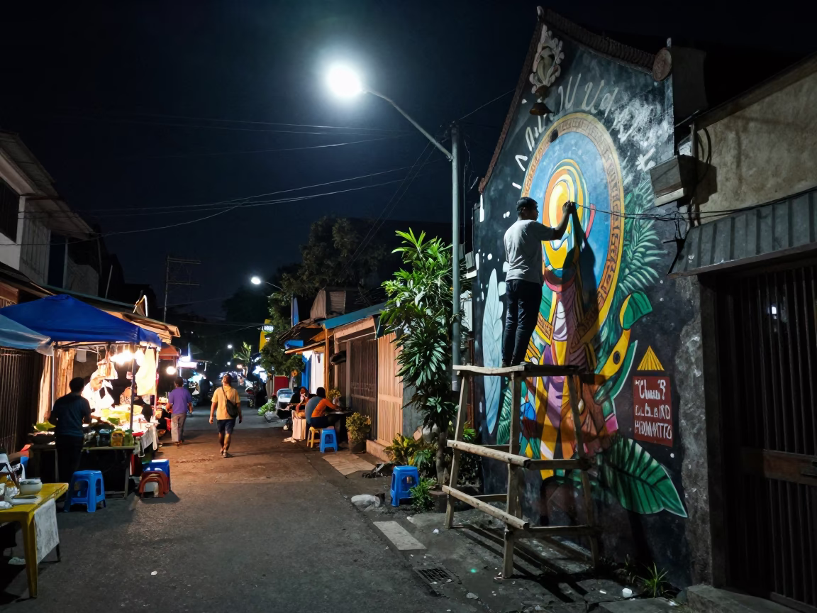 Nighttime Street Scene in Yogyakarta Indonesia with Muralist and Local Market Activity in in Yogyakarta, Indonesia