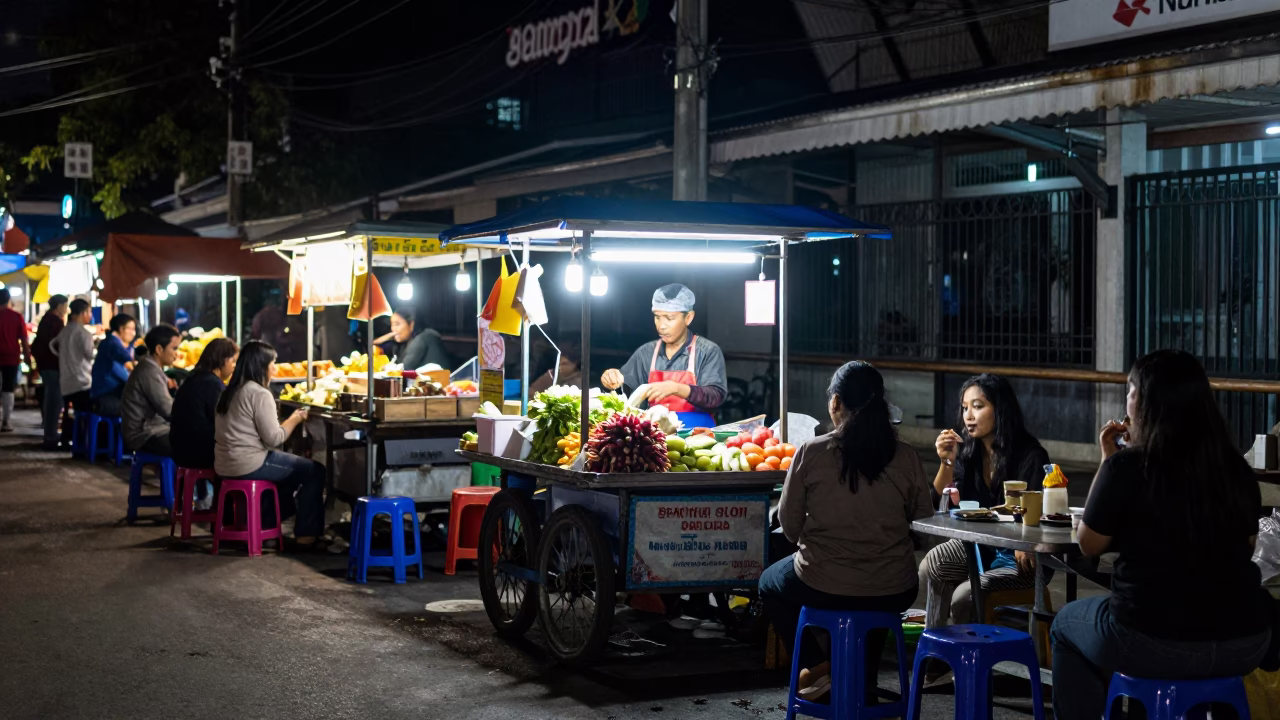 Nighttime street stall in Surabaya Indonesia with food vendor and urban life in in Surabaya, Indonesia