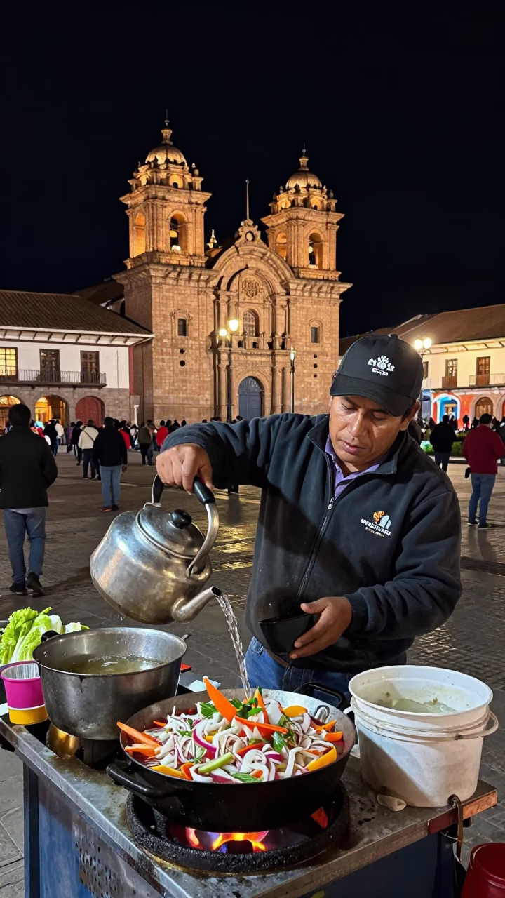 Nighttime Street Vendor Cooking Ceviche in Plaza de Armas Cusco Peru in in Cusco, Peru