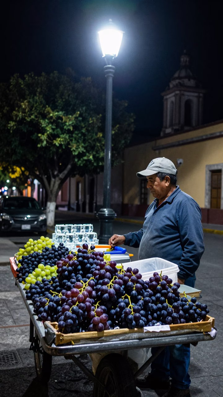Nighttime Street Vendor in Guadalajara Mexico Selling Fresh Grapes and Paperweights from Cart in in Guadalajara, Mexico