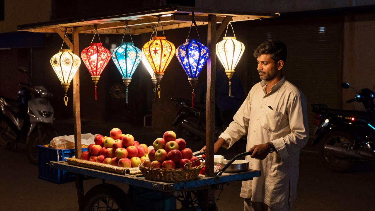 Nighttime Street Vendor in Jaipur India with Apples and Colorful Lanterns in in Jaipur, India