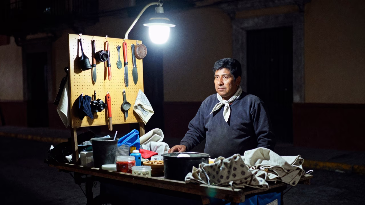 Nighttime Street Vendor in Merida Mexico with Tool Pegboard and Handkerchief in in Merida, Mexico